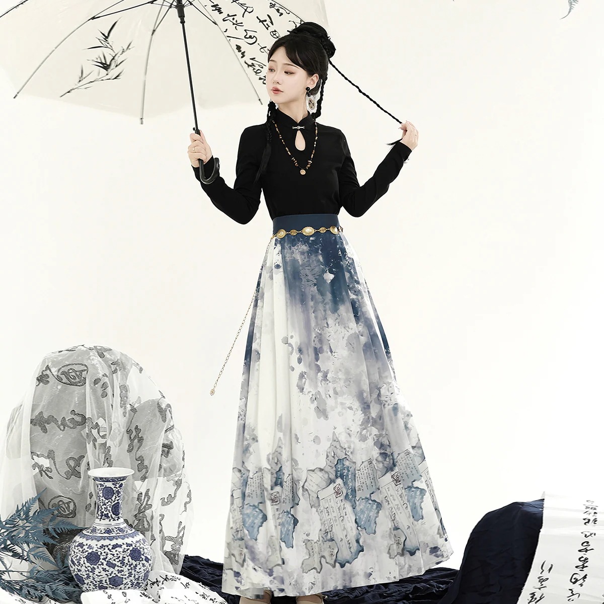 【フルセット】本は新しい韓国改良cos服水墨書道馬スカート女性秋を引きます