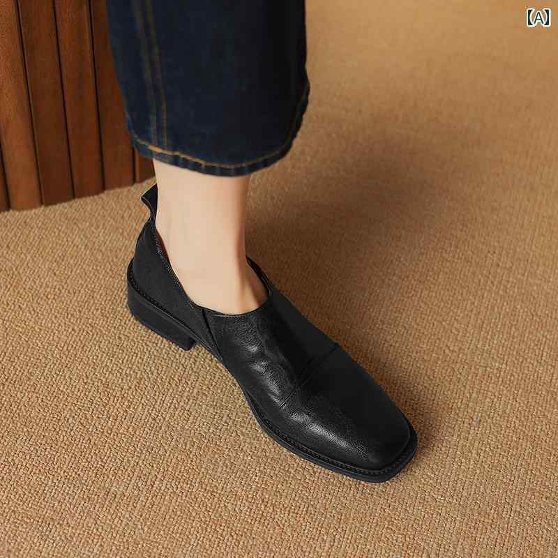 ローファー レディース オフィス 通勤 仕事 女性 英国 スクエアトゥ フラット シューズ 柔らかい ソール 快適 深い 口 革 茶色 太い ヒール 革靴