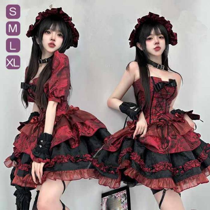 ロリータ 上下セット スカート可愛い お姫様 Lolita ロリータ服 リボン 可愛い アイドル衣装 コスチューム コスプレ衣装 プリンセスドレス 文化祭 学園祭 かわいい 萌え イベント ロリータフ