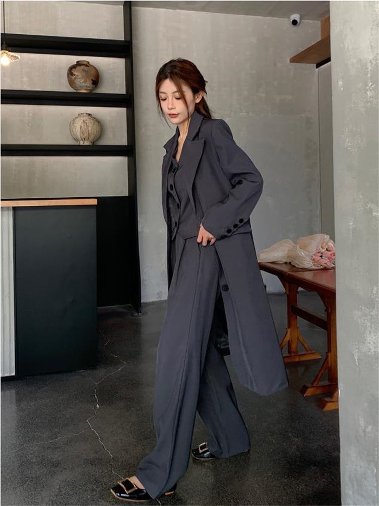 通勤する スーツ 秋 スラックス 女性 ベスト 上品映え 単体ボタン シンプル ゆったりする ワイドパンツ ロングセクション ロングパンツ 袖なし 3点セット セットアップ