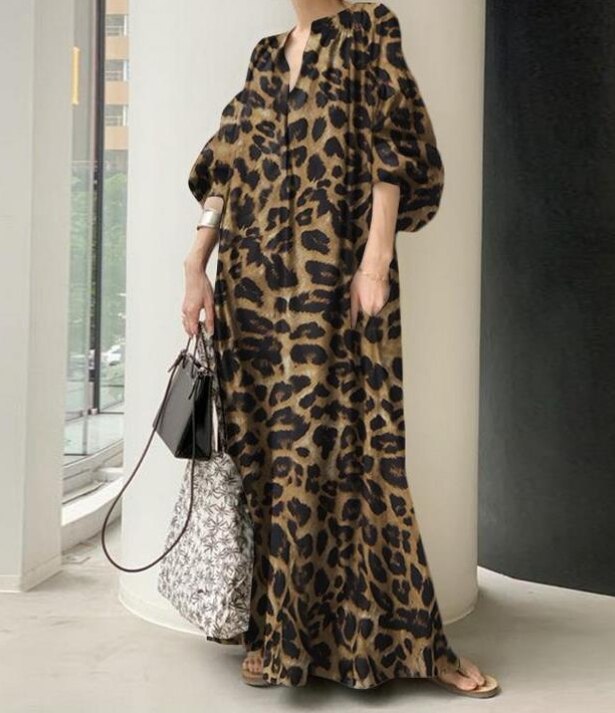 3色の日本のヒョウ柄のドレスパフスリープスリーブ女性の立ち襟Vネックエレガントルーズ