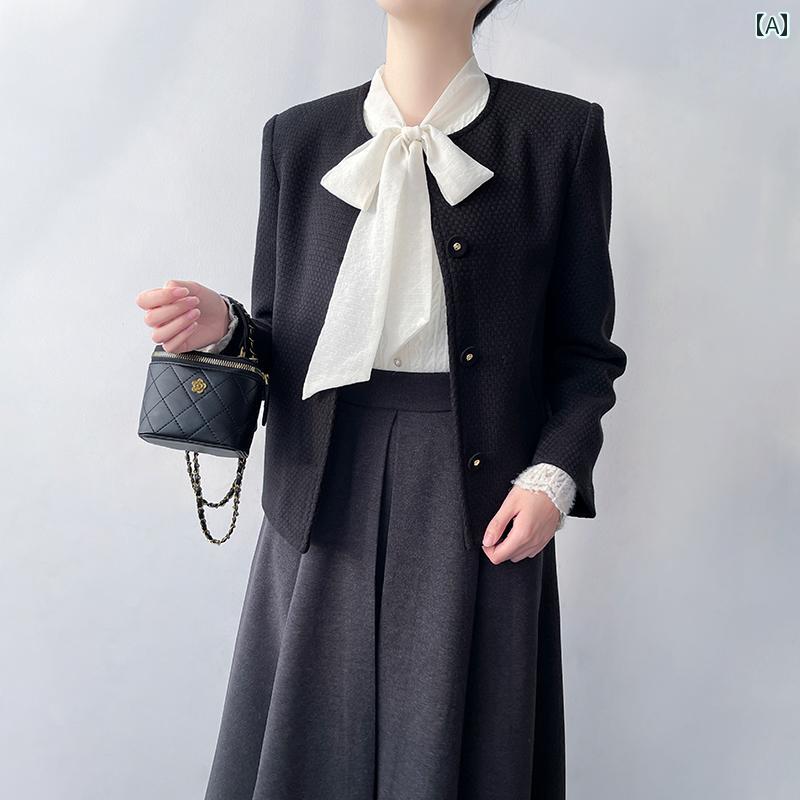黒 エレガント ショート ジャケット 入学式 レディース 秋冬 高見え ラウンドネック シングルブレスト スタイリッシュ シンプル 上品