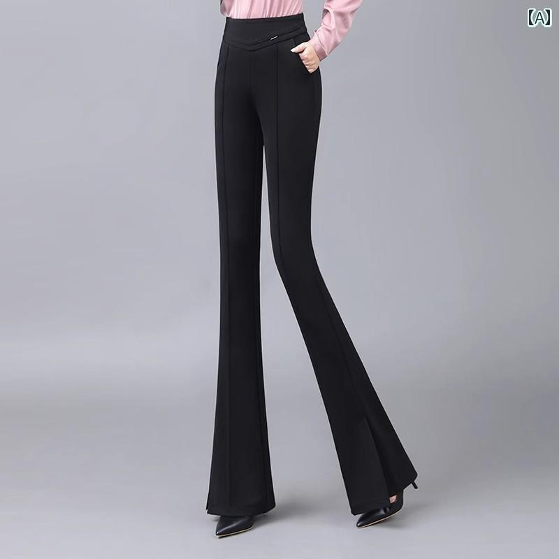 レディース パンツ ボトムス ブーツ 秋冬 ハイウエスト スリムフィット ドレープ フレア スリット ストレート レッグ フロア レングス