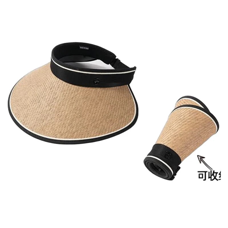 日焼け止めキャップ大庇折り畳み可能な草編みの空屋根帽子女性夏の紫外線防止自転車に乗る日焼け止めサンバイザー黒のかさ上げ帽子庇（春夏の百合麦わら帽子）頭囲54 ~ 58 cm