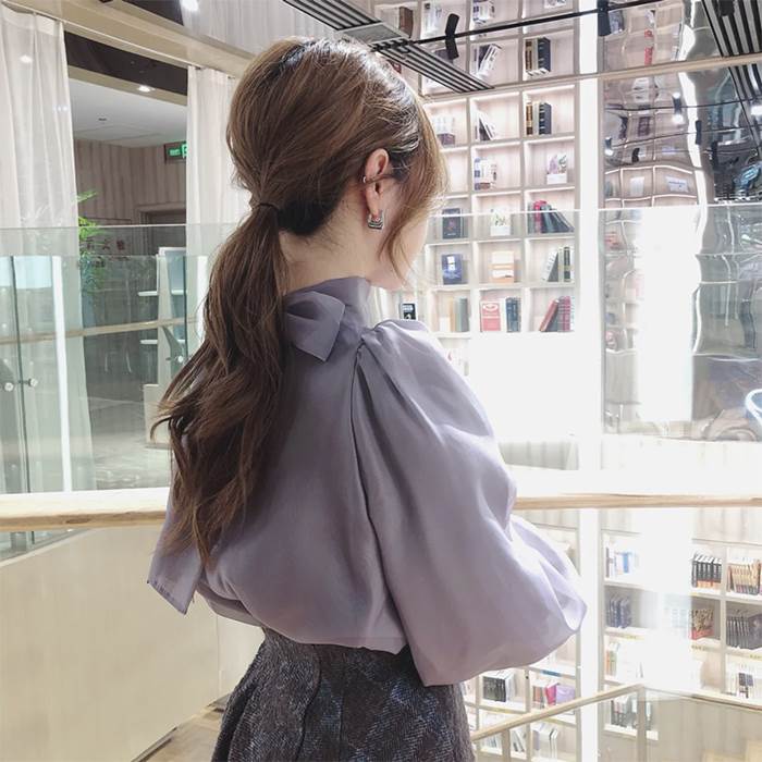 ブラウス シフォン トップス パフスリーブ レディース ハイネック リボン バックリボン 2way