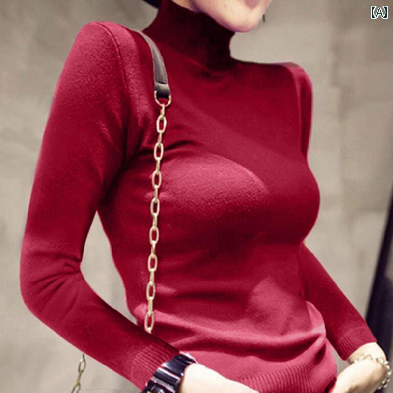 レディース ハイネック ニット 秋冬 長袖 厚手 レトロ トップス セーター インナー 大きいサイズ スリム フィット シンプル カジュアル エレガント 赤 青 黒 無地