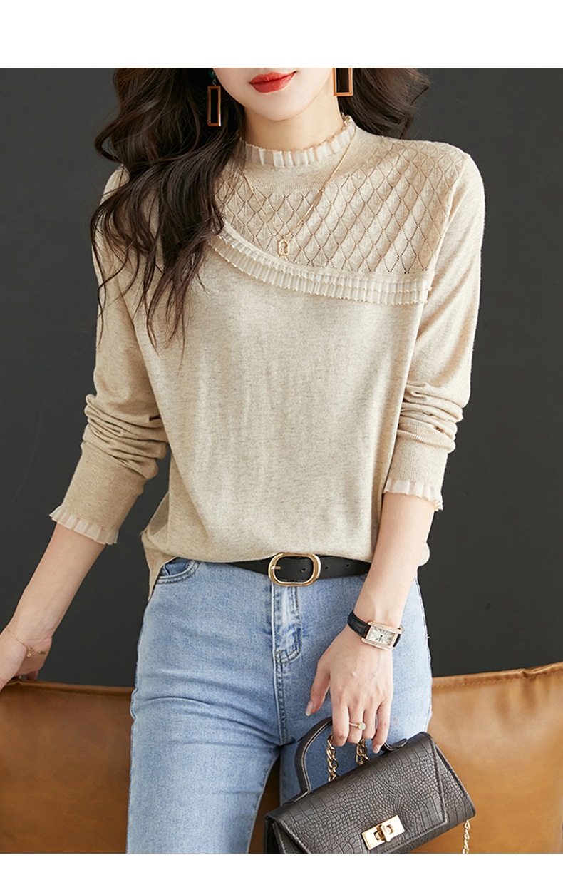 優しい ニット ボトム シャツ 秋 冬 エレガント レース ステッチ セーター 女性 ベージュ ブラウン ブラック M L XL XXL トップス セーター 袖あり かわいい 大人可愛い きれいめ