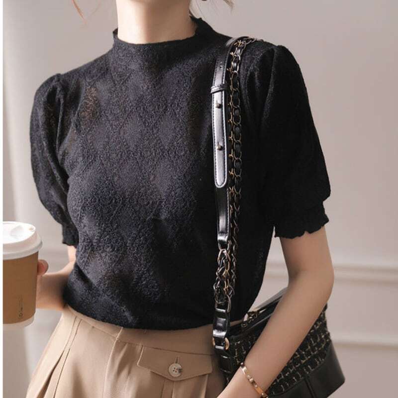 【送料無料】レディース ショート パフスリーブ スタンドネック レース ニット トップス