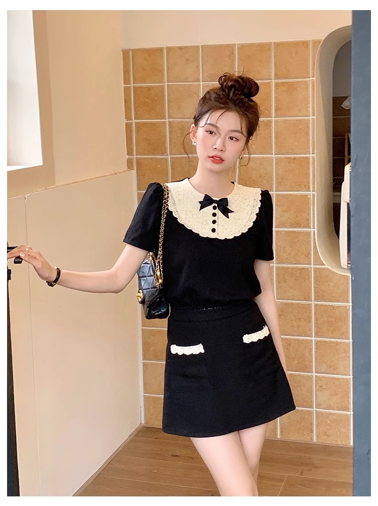 夏 スタイル フレンチ エレガント レース スプライシング トップ スカート 女性 ファッション スーツ 個性的 セットアップ ミニ ミニ丈 ショート ショート丈 袖あり 半袖 ラウンドネック
