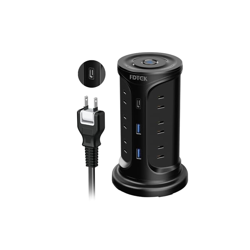 FDTEK 電源タップ タワー mini型 USB延長コード 2m 12AC充電口（100-125V）＋2USB-A+1Type-Cポート（最大3.1A/5V）USBコンセント 壁掛け 固定用テーブル