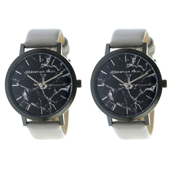 クリスチャンポール 時計 ユニセックス ペアウォッチ シェア 43mm ブラックマーブル 大理石柄 ブラックケース グレー レザー MBB4302MBB3502 誕生日プレゼント ポイント消化