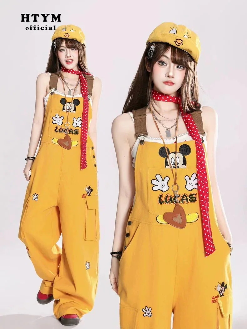 HTYMかわいいアニメミッキー刺繍黄色の背もたれ付きジーンズ女性夏の新型ゆるい痩せた連体ズボン
