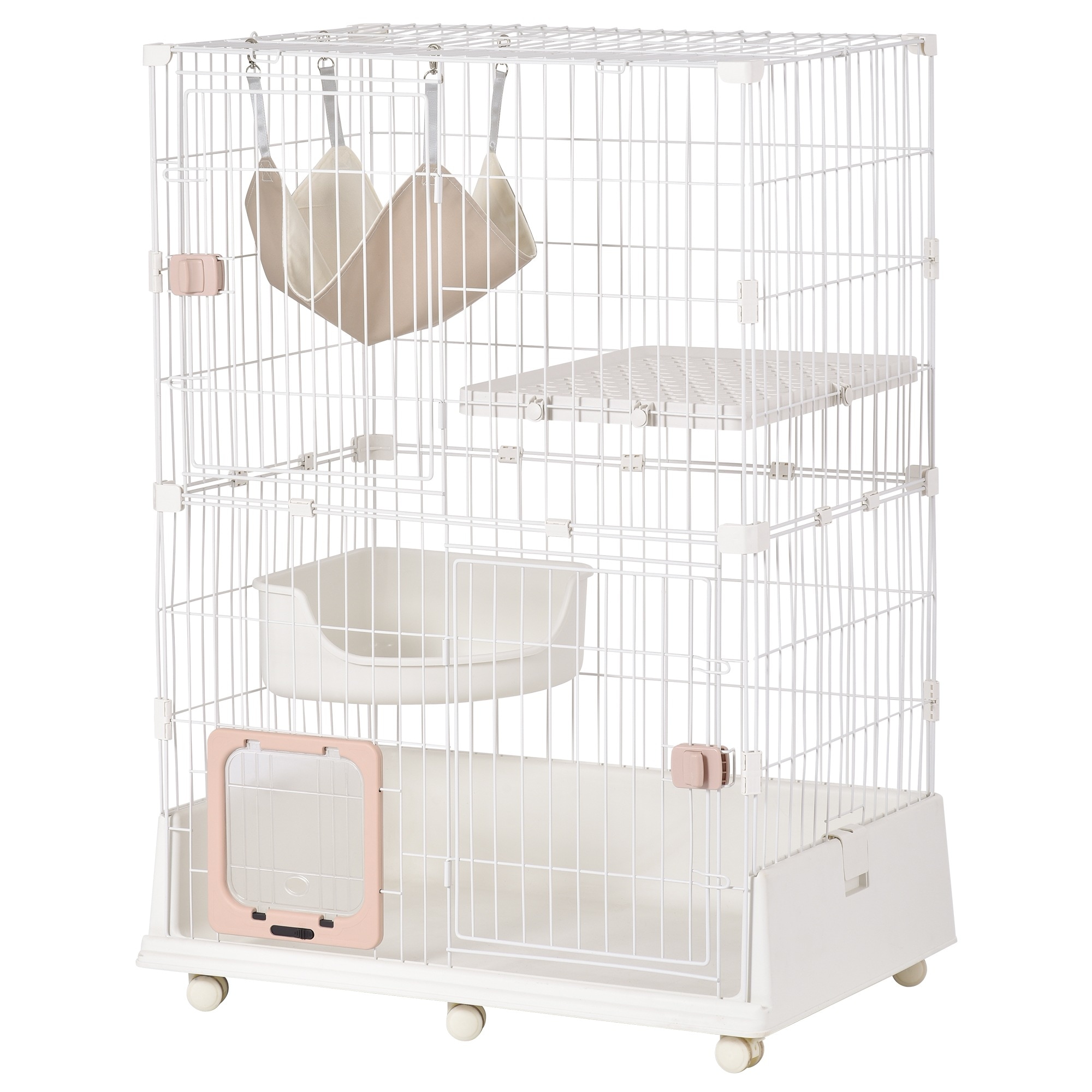 猫 ケージ キャットケージ 2段 ペットケージ キャスター付 猫ゲージ 大型 多頭飼い ネコドア キャットハウス 1段2段可能 留守番 保護 脱走防止 おしゃれ (2段, ピンク)
