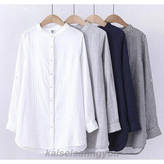 安い商品 今日だけ ガーゼ シャツ ガーゼシャツ レディース ブラウス 長袖 ブラウス バンドカラー スタンドカラー 白シャツ 春 秋 立ち襟 チェック柄 無地 綿 2重ガーゼ トップス ギフトポイン
