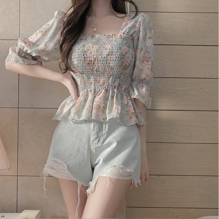 トップス ブラウス シャツ シフォン パフスリーブ プルオーバー リボン フラワー スクエアネック トランペットスリーブ ハイウエスト 夏 スウィート 半袖 ライトグリーン ライトピンク ショート丈