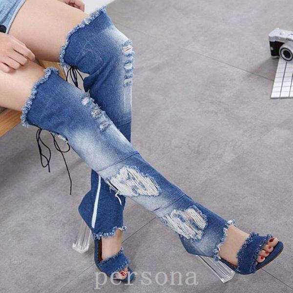 サマーブーツニーハイブーツブーツサンダルブーツ夏ブーツ夏フェススクエア透明ハイヒールロングブーツクラッシュデニムオープントゥバックレース