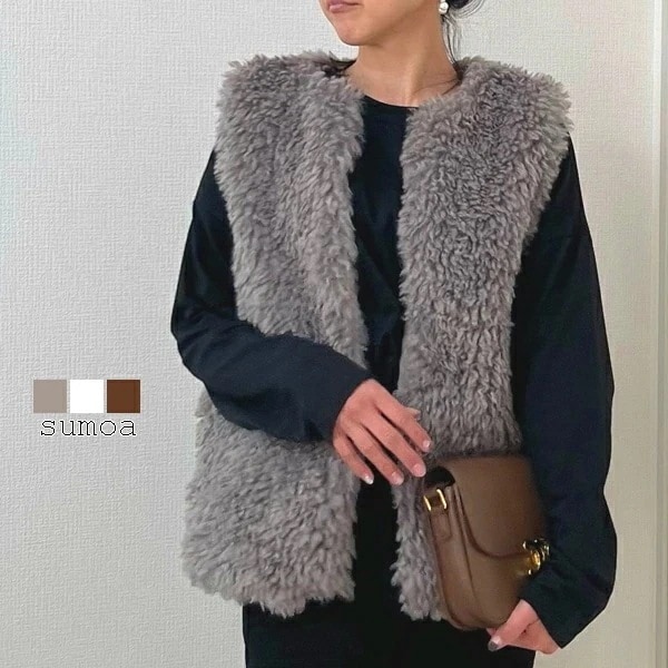 【急速出荷】ファーベスト　ベスト　ジレ　プードルファー　シープボア　　ボア　エコファー　レディース　アウター　羽織　コート　ジャケット　秋冬　 通勤　OL　無地　厚手　シンプル　防寒　起毛　ロング丈