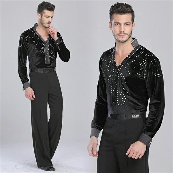 【本日限定】社交ダンス シャツ メンズ トップス モダンドレス 男性 衣装 競技着 上着 ダンスウェア 練習着 ワルツ カウボーイ チャチャチャ ルンバ ステージ 演出【M/L/XL/2XL】 ブラッ