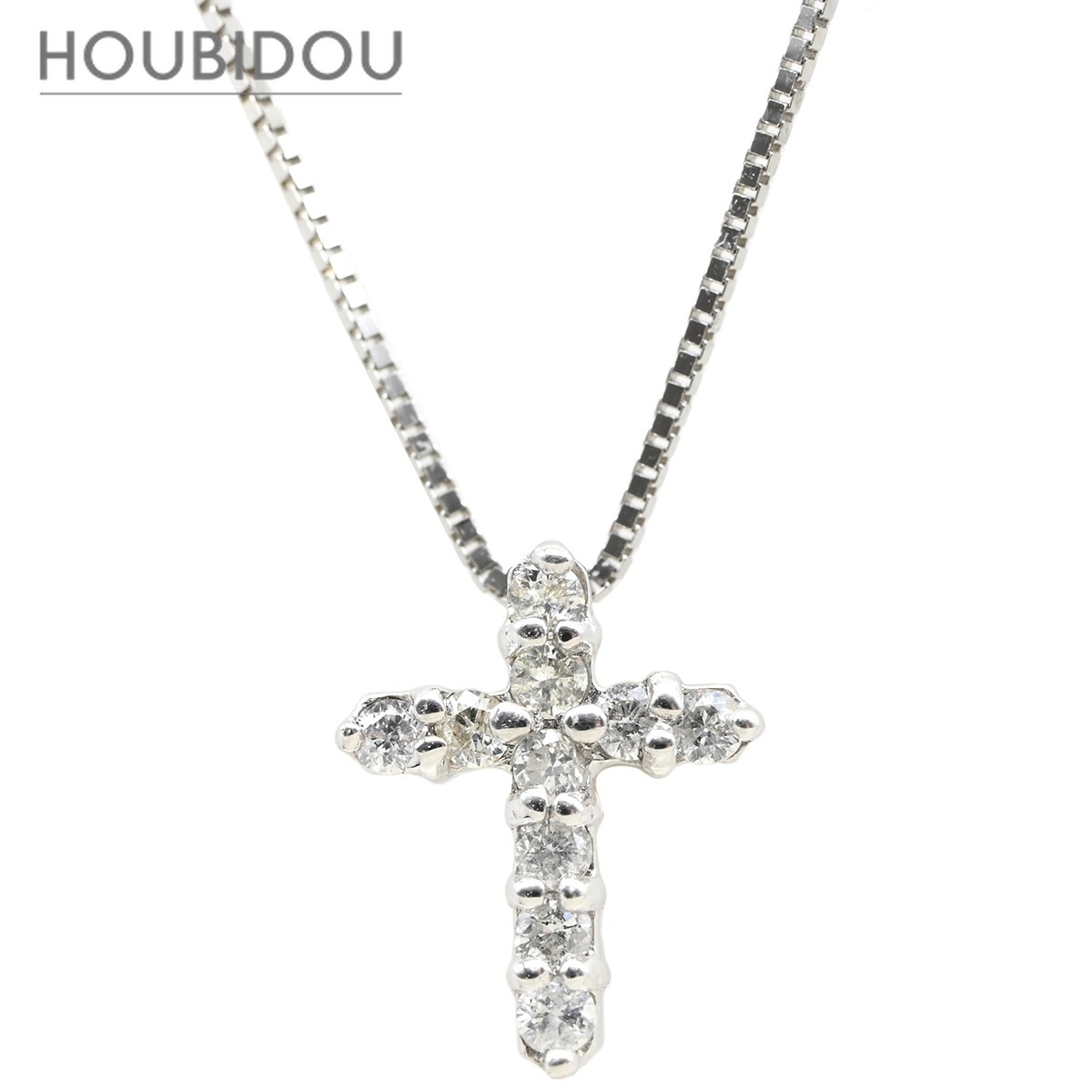 ネックレス ダイヤ クロス ペンダント ホワイトゴールド 0.1ct 10P 10石 10粒 十字架 ミニ スモール ホワイトゴールド K10WG ベネチアンチェーン 【中古】