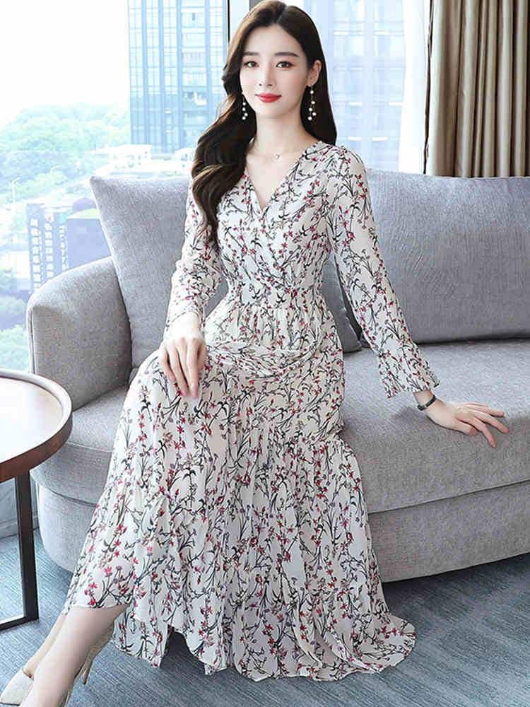 ワンピース ドレス 長袖 レディース ロング ミモレ フレア シフォン Vネック カシュクール 花柄 ハイウエスト きれいめ 上品 華やか エレガント フェミニン お出かけ デート レストラン 2XL