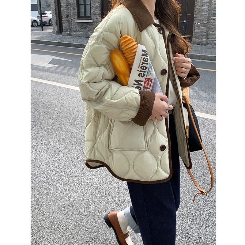 2025韓国90ホワイトダックダウンダウンジャケットレディースデザインコントラストダイヤモンドブレッドジャケット