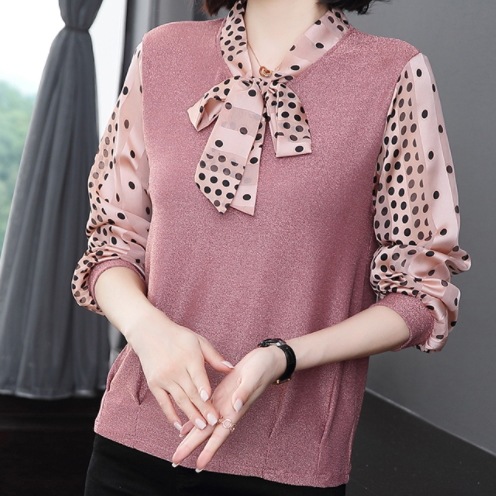 異素材ニットブラウス トップス ブラウス ミドル丈 袖あり 長袖 パフスリーブ Vネック ストレート