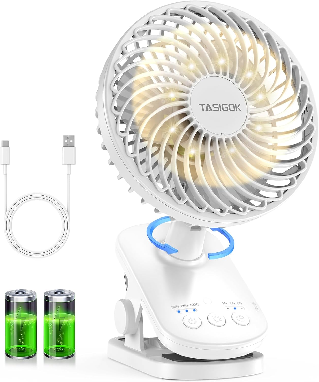 小型usb充電式卓上扇風機 自動首振り 静音 コードレス 4段階風量 タイマー付き 壁掛け可能 ホワイト