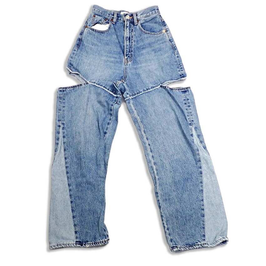 【中古】moussy/マウジー CUT OUT WIDE STRAIGHT ダメージデニム[b40-54］