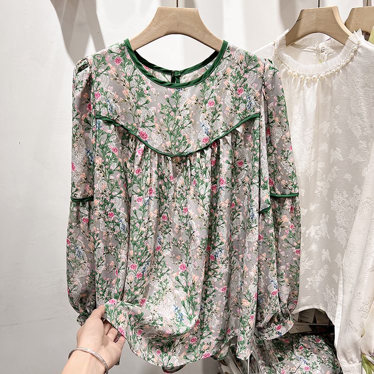 韓国のゆったりとしたスリムな丸首のパッチワークカバー長袖シフォンシャツ女性のモデルの子供の上着