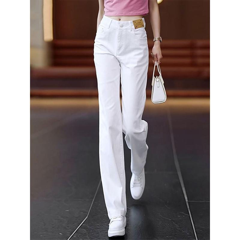 秋服 レディース ファッション オシャレ カワイイ シンプル 大人カワイイ 大きいサイズ ホワイト ジーンズ 綿 ストレート パンツ ハイウエスト スリム ワイド レッグ カジュアル 秋 薄手