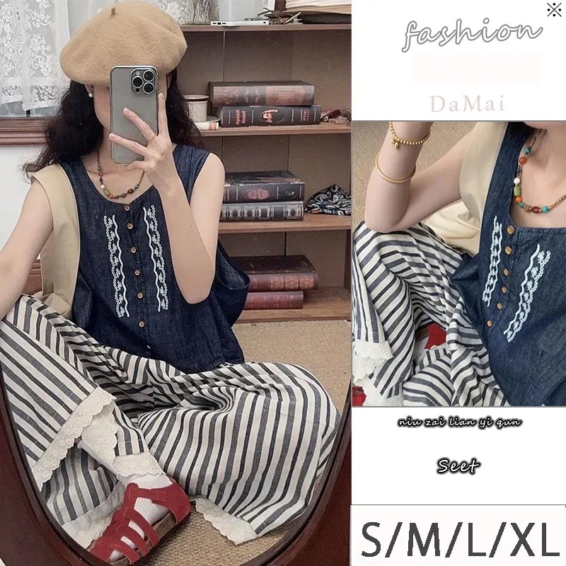 上下セットデニムノースリーブ ズボン 可愛い シンプル ブラウス 袖なし ノースリーブ タンクトップ ズボン きれいめ 体型カバー 着痩せ