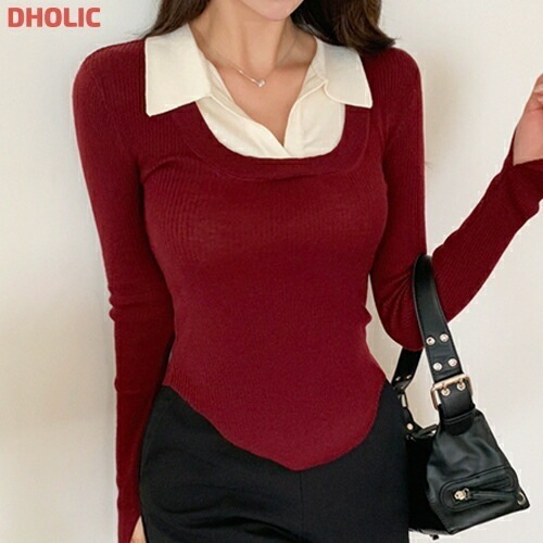 ストレッチカラースリムレイヤード風長袖配色ニット・1934693