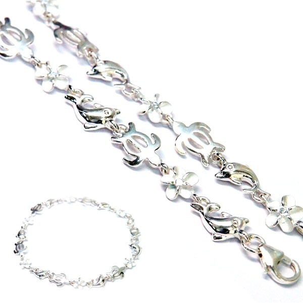 ハワイアンジュエリー ブレスレット ドルフィン イルカ プルメリア 花 ホヌ ウミガメ クリアジルコニア シルバー925 レディース