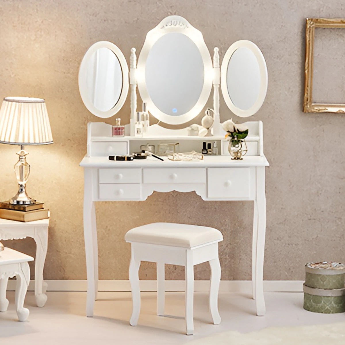 ドレッサー スツール付き 幅90cm ライト 調光 LEDライト 三面鏡 鏡付き 化粧台 メイク台 椅子 セット デスク おしゃれ ホワイト 白 かわいい 引き出し 収納