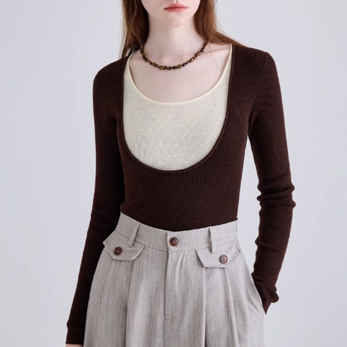 レディース トップス ニット セーター プルオーバー フェイクツーピース 長袖 ラウンドネック スリム 細身 伸縮性 薄手 かわいい 大人可愛い きれいめ シンプル カジュアル 上品 おしゃれ