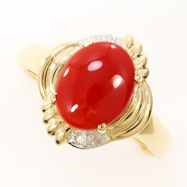 14K YGWG リング 指輪 15.5号 サンゴ ダイヤ 総重量約2.7g ジュエリー 中古