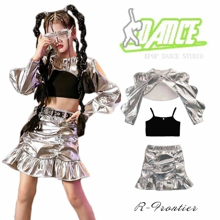 シルバー キッズ へそ出し トップス ダンス衣装 女の子 セットアップ ヒップホップ メタリック 韓国 k-pop衣装 ジャズダンス かっこいい タンクトップ スカート チアダンス ガールズ チアリー