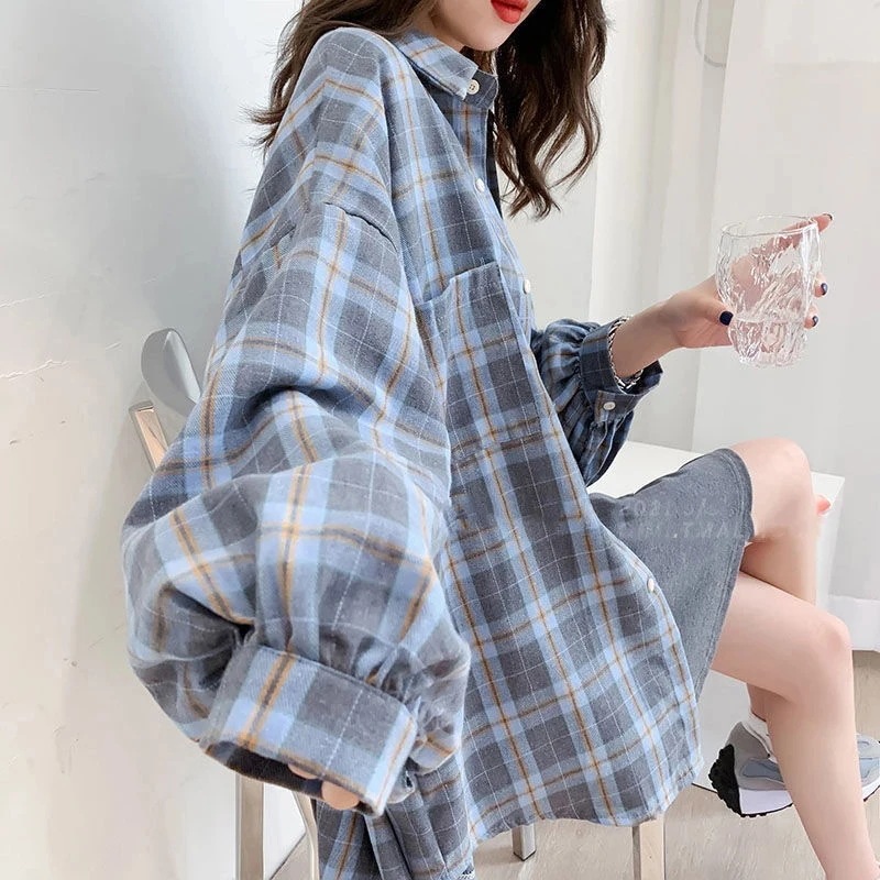 女性用長袖チェックシャツ,韓国のファッション,特大のトップス,原宿,毎日,オールマッチ,イエローブラウス,新品 - 200000345