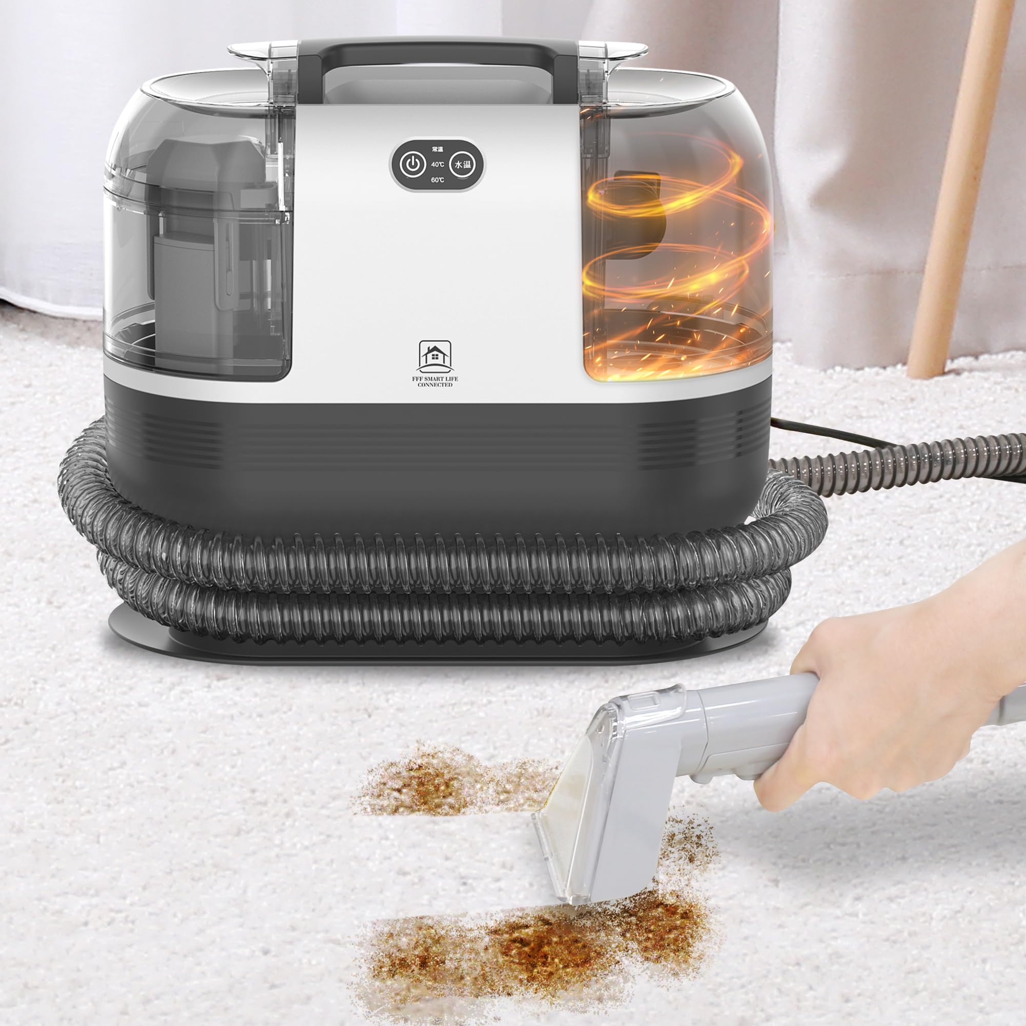 カーペットクリーナー【60度のお湯を連続噴射＋強力吸引】ソファー 布製品のお掃除 お湯で落とす 加熱式 布団 布製品 の 掃除 クリーナー コード式 2人掛け 3人掛けソファの汚れをお湯で落とす 染み