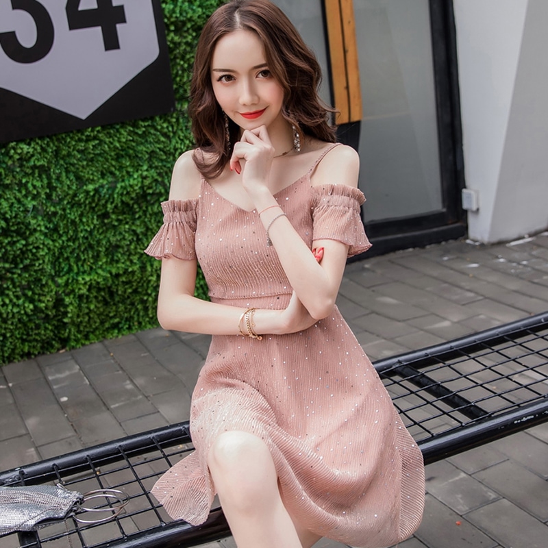 ドレス スリム シフォンスリングストラップドレス ワンピース フレアワンピース ショート丈 膝上 フレアスリーブ ドロップショルダー Vネック Aライン フリル ウエストマーク ハイウエスト