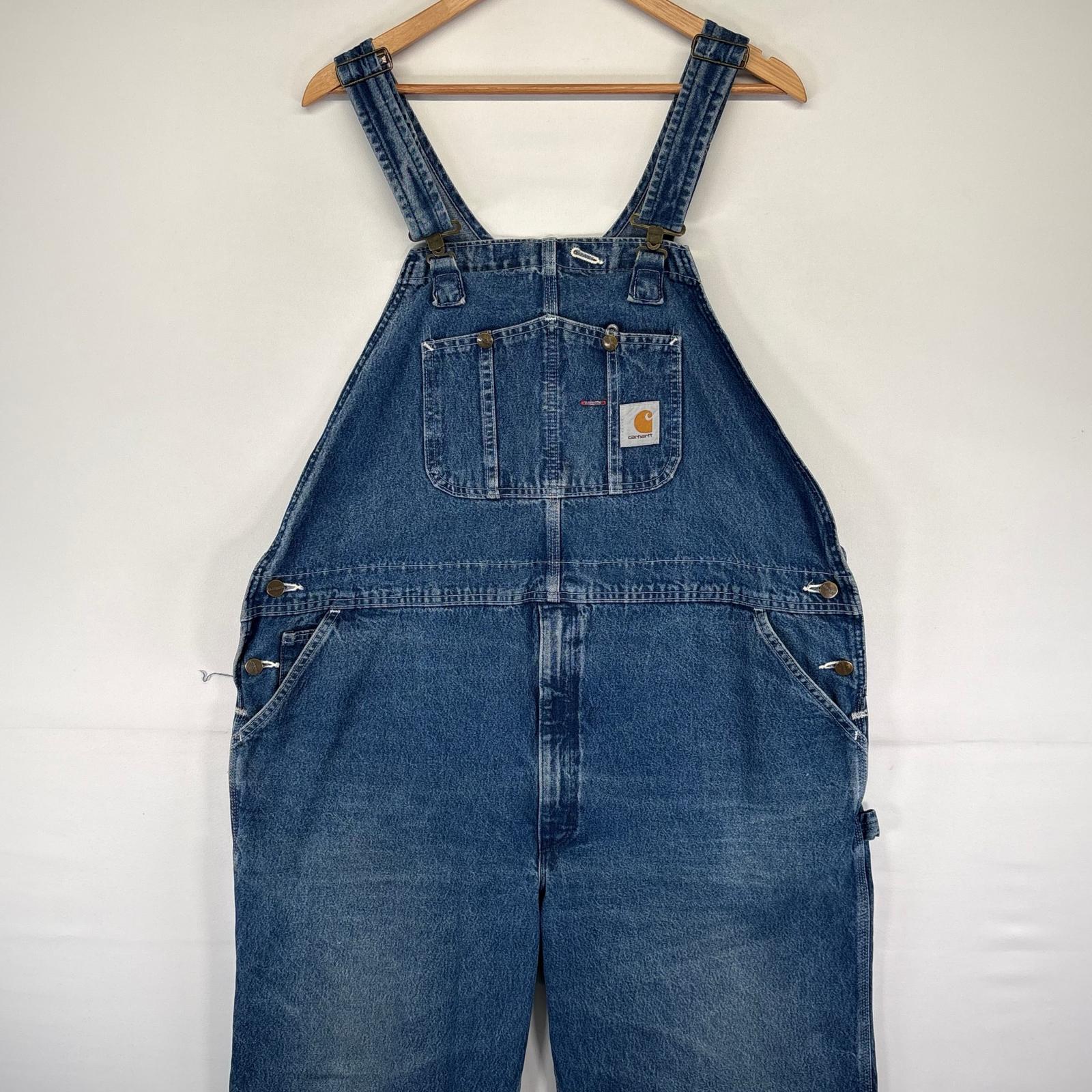 古着 デニム オーバーオール ワーク ジップフライ ワンポイントロゴ 大きいサイズ W46 L30 ブルー系 メンズ