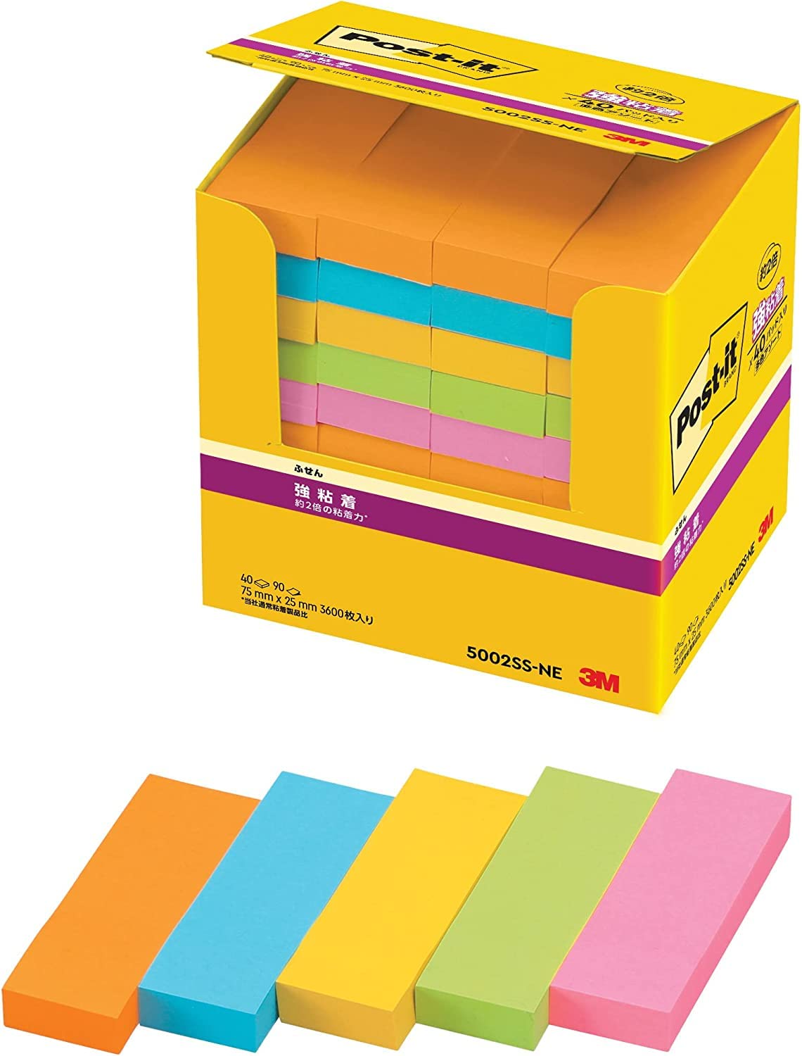 ポストイット 付箋 強粘着 ふせん ネオンカラー 75×25mm 90枚×40冊 5002SS-NE