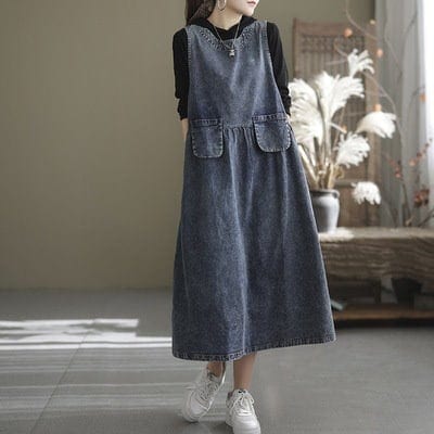 古代のコーヒー服デニムドレスレディース春秋文芸ラウンドネックミッドレングスルーズステッチレトロLサイ