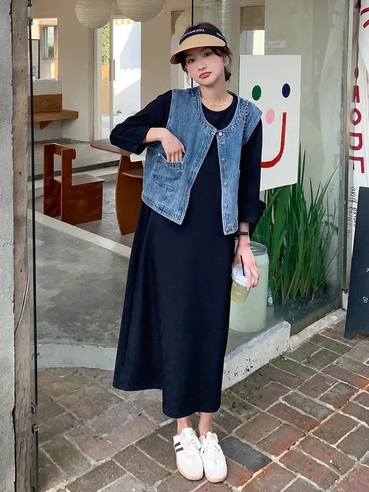 【急速出荷】【2枚購入で 2oo円OFF! 】2点 デニムベスト+ワンピース レディース 長袖 tシャツ 大きいサイズ セミロングワンピース コート ベスト 5,281円