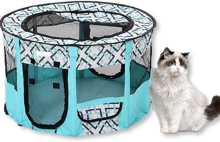 ケージ 折りたたみ ペットサークル メッシュ 90x55cm 通気性 屋根付き ダブルチャック ペットハウス 猫 犬 兼用 軽量 防水 組立簡単 持ち運び( エメラルドグリーン)