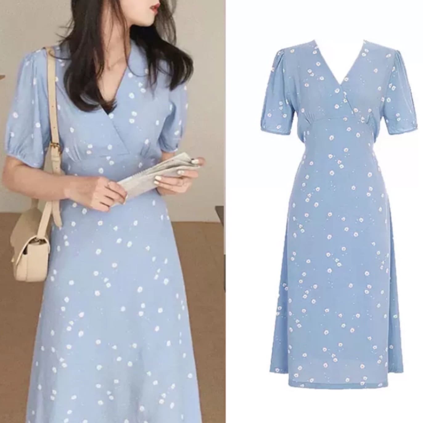 ワンピース 半袖 春 夏 きれいめ aライン Aライン フレア フレアスカート ミモレ丈 ミドル丈 Vネック カシュクール フレア Aライン スマート 青 ブルー S M L XL ジャスト かわいい
