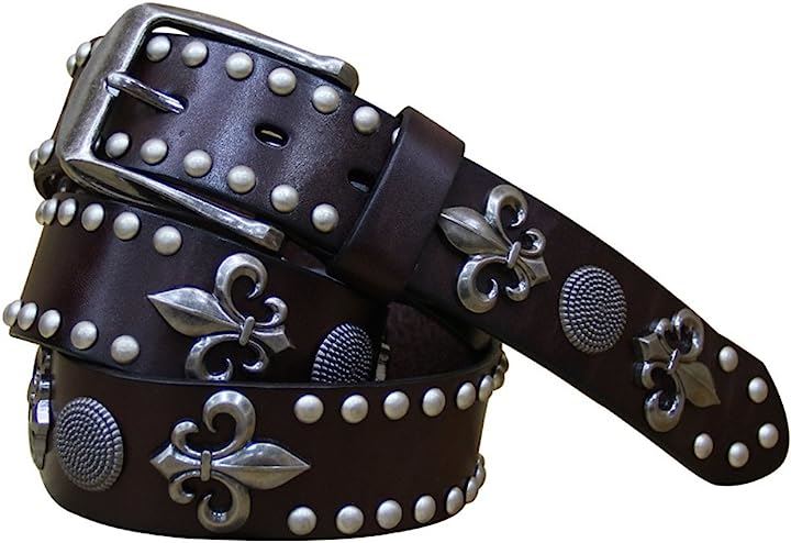 La quest ラクエスト メンズ 革 スタッズ ベルト アンティーク コンチョ ユリ 紋章 レリーフ レザー( ダークブラウン)