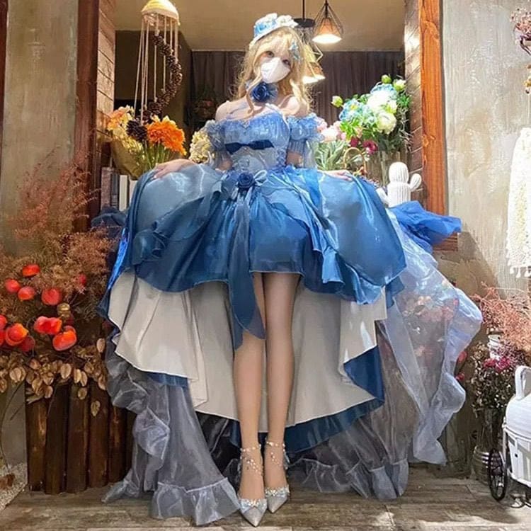 ブルーフロントショートバックロングウェディングドレスロリータドレスロリータヘビーインダストリーテールパフプリンセススカート