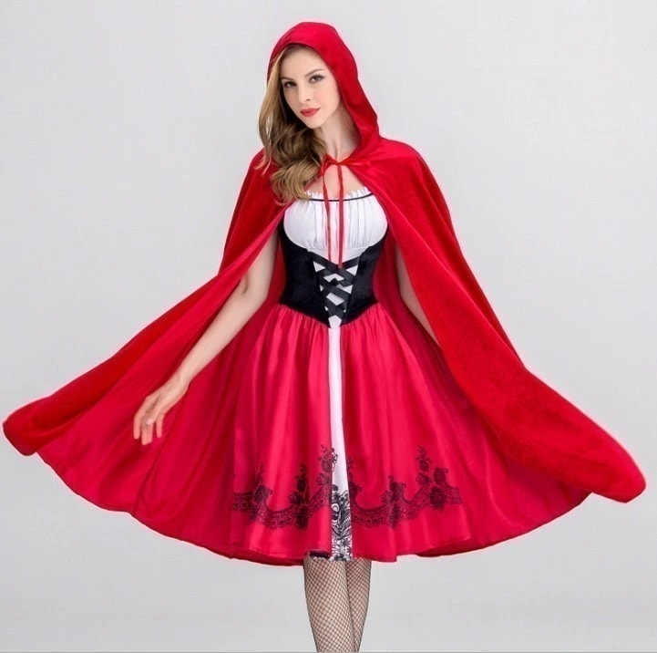 【即納】ハロウィン衣装 赤ずきん コスチューム 変装 レディース コスプレ衣装 大きいサイズ ワンピース ドレス ミディアム丈 膝丈 仮装 女の子 レッド ブラック 大人用 S M L XL 2XL