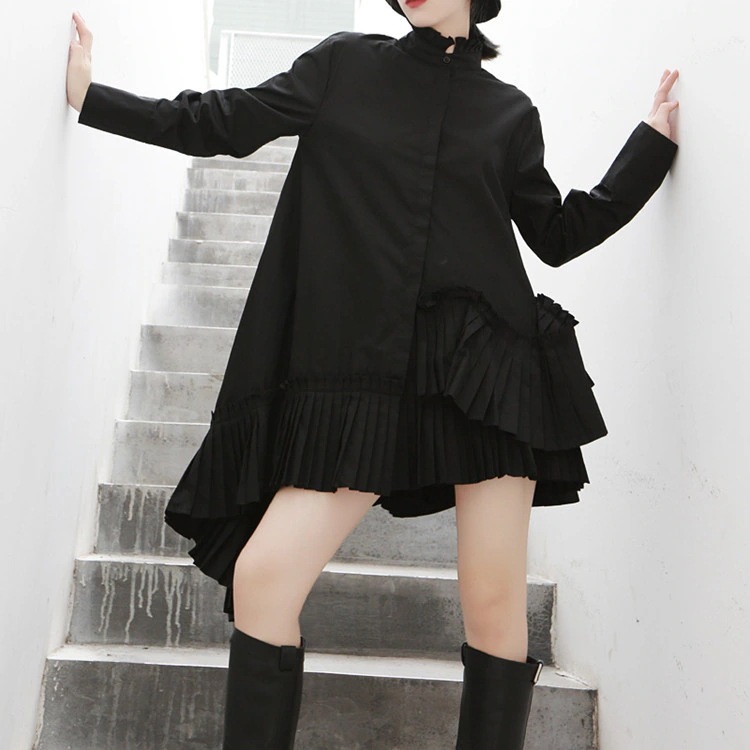 シャツシワ復古立ち襟OVERSIZEセミロング丈シャツ非対称デザイン綿今っぽシアーシャツ体型カバーチュニック